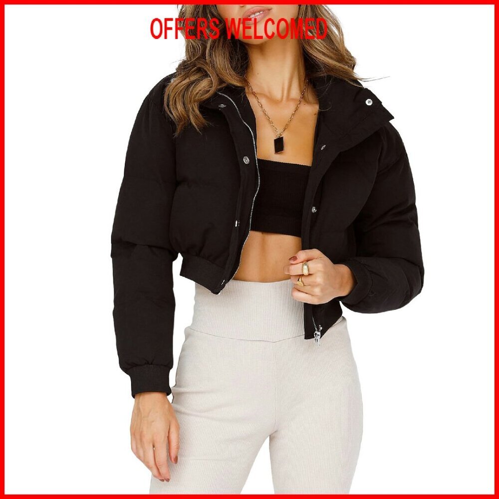 Cropped Puffer Jacket Stand Collar Zip Up Winter Down Coat
